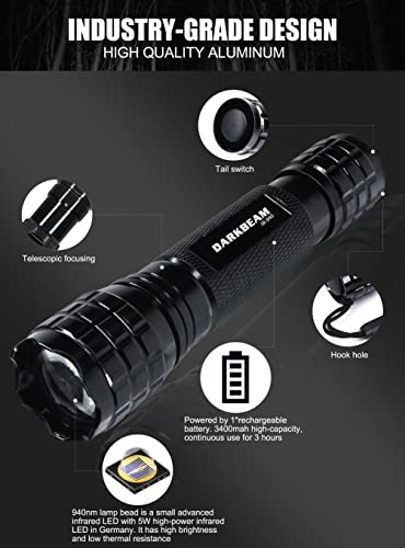 Darkbeam 940Nm Ir Light For Night Vision Scope Led Infrared Flashlight Must Work With Infrared Gear, Rechargeable Portable Zoomed Illuminator Tactical Torch With Clip For Hunting, Observation, Search #TOP2