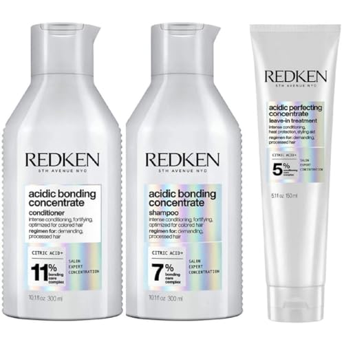 Redken Bonding Shampoo, Conditioner, & Leave-In Treatment Set for Damaged Hair | Acidic Bonding Concentrate | Repair and Strengthen Weak Hair Bonds | For All Hair Types