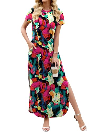 Image of Heymoments Womens Summer Maxi Dress Short Sleeve Casual Loose Long T Shirt Split Vacation Beach Sundress with Pockets