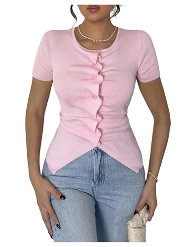 GORGLITTER Women's Short Sleeve Button Up Knit Tops Ruched Lightweight Business Casual Cardigan Sweater