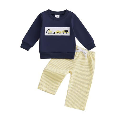 Thorn Tree Toddler Baby Boy Fall Outfits Long Sleeve Digger Vehicle Embroidery Sweatshirt Strip Pants Warm Clothes Set