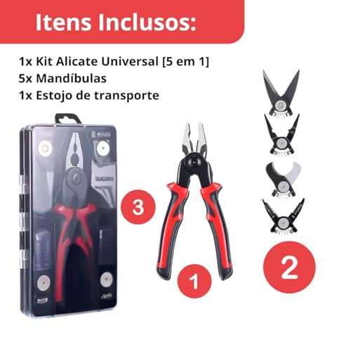 Alicate Universal 5 em 1 Cortador Cortador Crimpador Descascador Aço inox Cabo Emborrachado