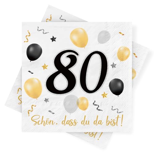 Servietten 80. geburtstag, 30 Stück Schwarze Gold Geburtstags Servietten, Deko 80. Geburtstag Schön, dass Du da bist, 3-Lagig Papierservietten für Mann Frau Geburtstag Feier Jubiläum Tischdekoration