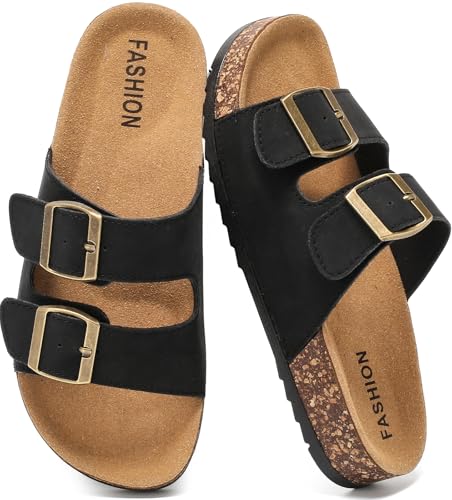 Women's Cork Footbed Sandals with Arch Support – Adjustable Double‑Buckle Slides