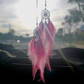 Dream Catcher car Interior Rearview Hanging Decor car Decorations for Women Feather Boho Hanging DecorationsPink