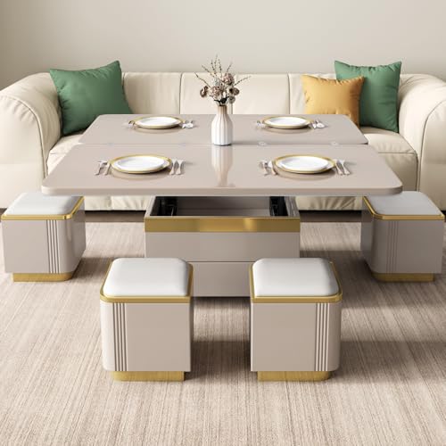 Miuuod Table Basse relevable avec 4 tabourets de Rangement, Table Centrale Moderne avec Plateau en Verre trempé et tiroir, Table à Manger Extensible pour...