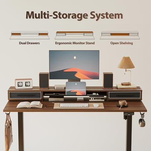 Image of Agilestic 63 Inch L Shaped Electric Standing Desk with Shelf, Height Adjustable Large Desk with Power Outlets & LED, Corner Sit Stand Up Table with Monitor Stand, Computer Workstation, Vintage