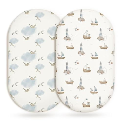 Image of Bassinet Sheets for Baby Girls Boys 2 Pack, Fitted Baby Mattress Sheet for Rectangle, Oval, Hourglass Bassinet Mattress, Breathable Cozy & Universal Fit (Sailing Waves, Bassinet Sheet)
