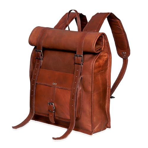 cuero Handmade Genuine Vintage Leather Backpack for Men Camping Travel Rucksack Bag Full Grain Goat Leather Casual Laptop Work Backpack For Men and Women Roll Top Backpack Brown