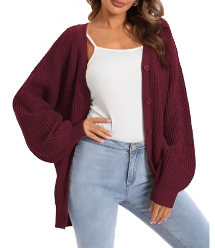 Image of QUALFORT Women's Oversized 100% Cotton Cardigan Sweater | Long Sleeve V Neck Button Down Open Front Knit Outerwear