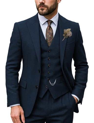 Men's Classic Suits Regular Fit 3 Piece Prom Tuxedos Tweed Herringbone Jacket+Vest+Trousers Wedding Grooms4