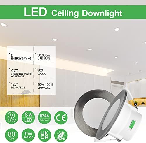 LED Recessed Ceiling Lights 8W 230V Dimmable LED Downlights Spotlights,3000K Warm/4000K Neutral/5700K Cool Adjustable 900LM IP44 for Bathroom,6 Packs