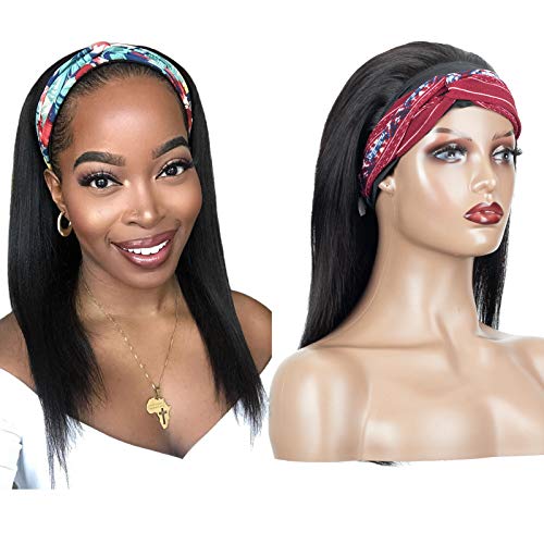 Qian Ai 1B Straight Headband Wigs Natural Human Hair No Lace Front Sport Wig Baby Hair 150% Density Brazilian Virgin Hair Wigs (18 Inch, Straight)