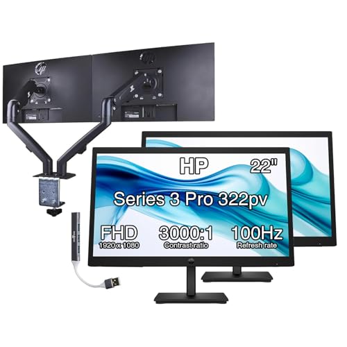 Image of HP 22 inch Series 3 Pro 322pv FHD VA Monitor with 5 ms Response Time, Anti-Glare, Flicker Free, VESA Mount (100x100mm), HDMI, VGA with DKZ Hub, Black (9U5A2AA#ABA) & ErgoFlexy Dual Monitor Mount (2 Pack)