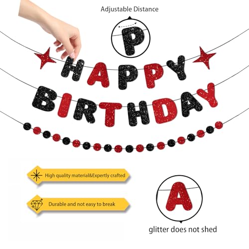 Image of Red and Black Happy Birthday Banner Glitter Garland for Black and Red Decorations Happy Birthday Decorations for Women Men Boys Girls 25th 30th 40th 50th 60th Party Decor
