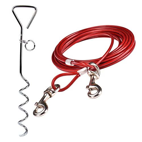33ft(10M) Dog Tie Out Cable with 18" Spiral Ground Stake Spike, Out for Outdoor Yard and Camping, Small to Medium Dogs (Red