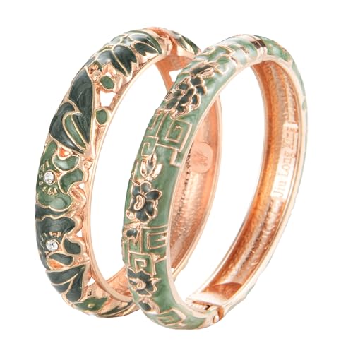 UJOY Vintage Cloisonne Bracelet Beautiful Flower Enamel Hinge Plated Bangles Jewelry for Womens Gifts 88A08-55A114 Green