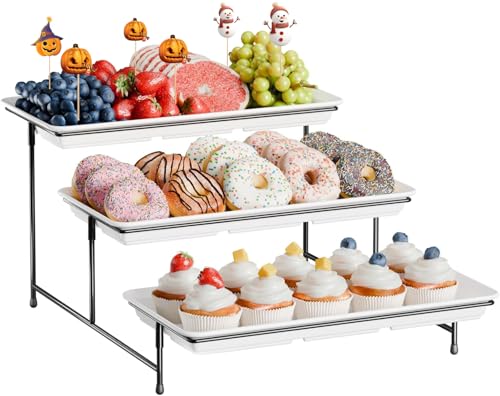 3-Tier Melamine Serving Tray Set, 14″x7″ Platters for Serving Food, White Reusable Trays with Black Metal Display Stand for Cupcakes, Sevring Food, Dessert, Fruit, Cookie, Black