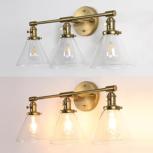 Image of PERMO Vintage Industrial Antique Three-Light Wall Sconces with Funnel Flared Clear Glass Shade (Antique)