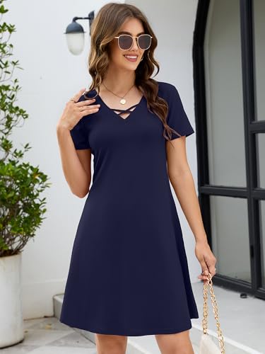 Image of KORSIS Women's Dresses Summer Casual T-Shirt Short Sleeve Criss Cross V Neck Swing Beach Vacation Sundress Dress with Pockets