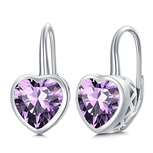 Heart Amethyst Earrings 925 Sterling Silver Plated February Birthstone Earrings Birthday Dangle Drop Earrings For Women Girls,Mother's Day Gifts Earrings Jewelry For Mom Daughter #TOP27