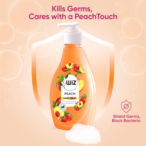 Image of Wiz Peach Handwash Liquid Soap Dispenser Bottle - 450ml (Pack of 4)| Germ Protection | Hand Wash with Added pH-Balanced & Moisturizers for Soft & Gentle Hands | Suitable for all Skin Types
