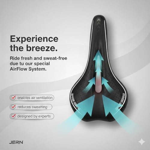 Image of JERN Ergonomic Bicycle Saddle, Memory Foam Comfort Bike Seat with Airflow Vent, Shock Absorption, Anti-Slip Design for MTB, Road, Cycle (Black)