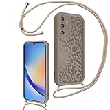 Xylota Handyband für Samsung Galaxy A34 5G Hülle mit Band, Silikon Aesthetic Leopard Muster Design Handyhülle mit Kette Kordel Schlüsselband, Schutzhülle für Samsung A34 5G 6,5’’ zum Umhängen, Braun