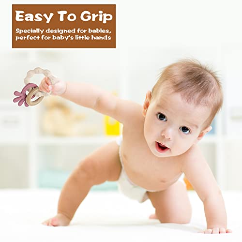 Vicloon Teething Toys for Baby, Silicone and Wood Teether, Baby Teether Toys Teether Chew Toy, Easy to Hold and Clean Up, Octopus Teething Toy Silicone chewlery for Boys&Girls (Beige) - Image 5