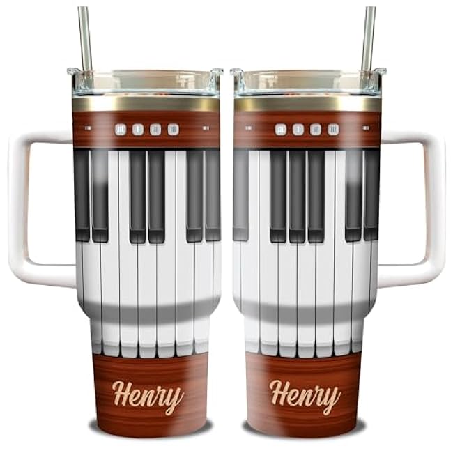 WAZONE Personalized Piano Key Tumbler Cup With Handle and Straw 40oz Custom Name Insulated Tumblers Double Wall Vacuum Birthday Christmas Gifts For Pianist Piano Lover Musician Music Teacher