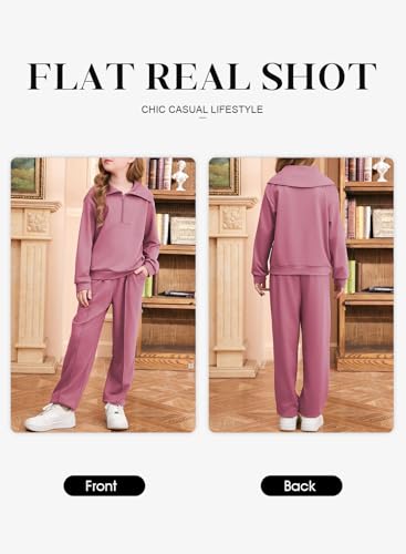 Image of blibean Girls Fall Sweatsuit Sweatshirt Jogger Pants Sets Size 12-13 Pink | Teen Girls Fall Knit Half Zipper Collar Solid Two piece Outfits Big Kids Casual Daily Sports Sets