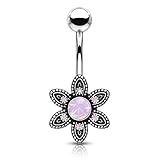 Amelia Fashion 14 Gauge Antique Pink Opalite Crystal Paved Flower Belly Button/Navel Ring 316L Surgical Steel (Antique Silver & Pink)