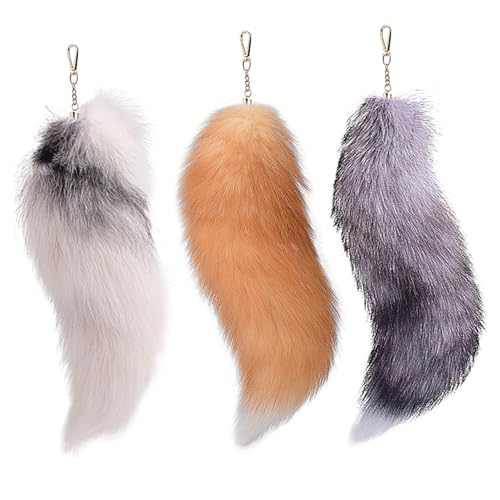 Queue de renard Therian de 40 cm pour sac à main et cosplay - Lot de 3 porte-clés longs