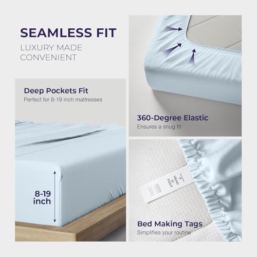 Image of THREAD SPREAD Luxury King Size Sheets Set - 2000 Series 100% Egyptian Cotton Cooling Sheets King Size (4 PC, Light Blue), Silky Soft, Cooling, Sateen Weave, 17 inch Extra Deep Pocket Hotel Bedding Set