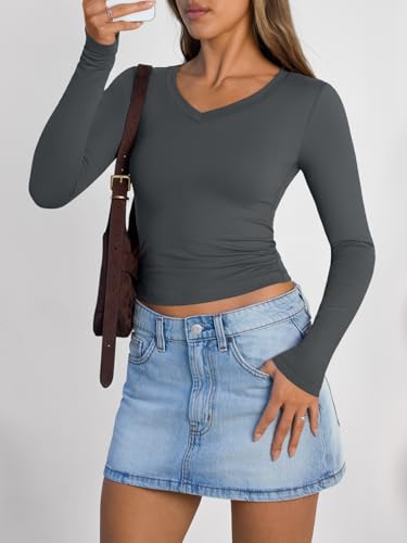 Image of Trendy Queen Womens Long Sleeve Shirts 2026 Fall Fashion Basics Crop Tops