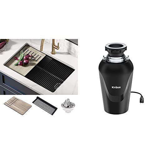Kraus Bellucci Workstation 30-Inch Undermount Granite Composite Single Bowl Kitchen Sink In Metallic Black & Kwd100-75Mbl Wasteguard Continuous Feed Garbage Disposal, 15.25 Inch, Black #TOP23