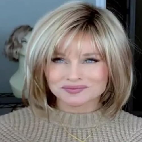 Image of 12-inch Layered Blonde Bob Wigs for White Women with Bangs, Straight Short Hair Wig, Synthetic Ombre Blonde Highlight Bobo Natural Daily Party Wig (Blonde)