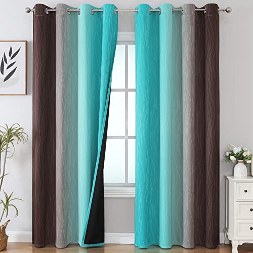 Estelar Textiler Teal and Brown Blackout Curtains for Bedroom, Thermal Insulated Drapes 108 Inches Long, Full Light Blocking Energy Saving Long Curtains for Living Room, 52Wx108L, 2 Panels