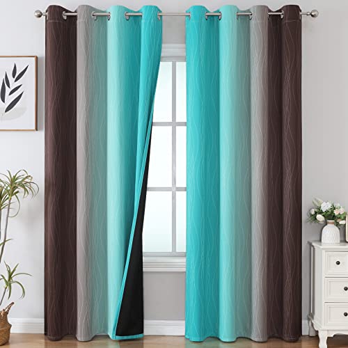 Estelar Textiler Brown and Teal Gradient Blackout Curtains for Bedroom, Ombre Thermal Insulated Noise Reducing Blackout Drapes for Living Room, Full Room Darkening Grommet Curtains, 52Wx84L, 2 Panels