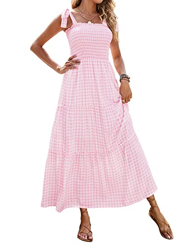 Zesica Women's Boho Summer Floral Print Tie Straps Sleeveless Square Neck Smocked Flowy Ruffle A Line Maxi Dress,Lightpink,Large #TOP10