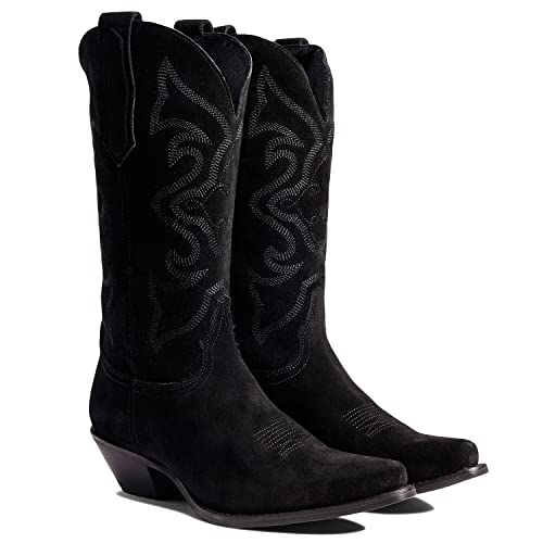 Image of LEHOOR Cowboy Boots Women Embroidered Mid Calf Western Boots Stacked Low Heel Pointed Toe Pull On Cowgirl Boot 4-11 M US