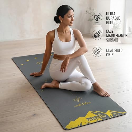 Image of Wiselife Tpe Printed 6MM Yoga Mat + Yoga Strap For Men, Women, Kids|Anti-Slip Extra Thick, Long & Wide Exercise Sports Mat For Workout, Fitness, Yoga, Gym, Home & Pilates (Elements-Nature), Grey