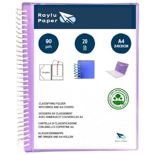 Raylu Paper® – Carpeta clasificadora con anillas con fundas transparentes A4 de 90 micras y sobre con cierre de velcro, tapa personalizable. Carpeta de fundas 100% biodegradable. (20 Fundas, Violeta)