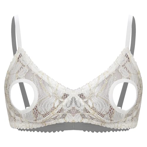 Jelory Women's Hollowing Out Nipples Bra Tops Push Up Bare Exposed Breast Underwire Brassiere Ivory Large