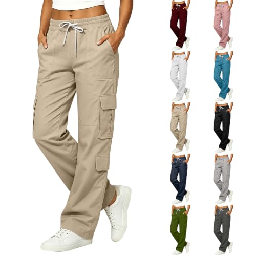 Cargo Pants for Women Wide Leg Teen Girls High Waist Joggers Y2K Cute Parachute Pants with Pockets Ladies Fall 2026 Plus Size Hiking Track Outfits Baggy Sweatpants Winter Work Clothes Khaki M