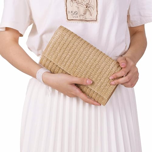 Image of Huralona Women Straw Woven Clutch Purse Pleated Handbag for Summer Beach Vacation Straw Shoulder Crossbody Bag