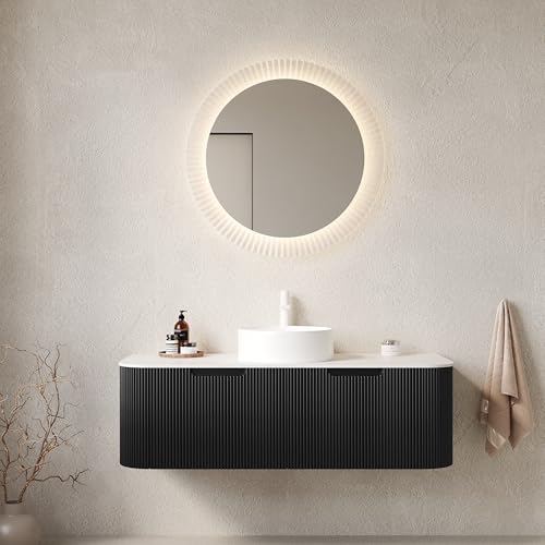 Image of KEIKI 48 inch Wall-Mounted Floating Bathroom Vanity with Sink, Pre-Assembled Storage Cabinet with 3D Textured Drawers & Curved Edge Design, Durable Ceramic Basin, Black