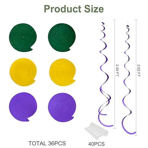 Image of 36 Pcs Green Yellow Purple Hanging Swirl Decorations Felt Swirl Streamer Spiral Ceiling Garland Banner for Mardi Gras Masquerade Theme Birthday Wedding Engagement Party Decor Supplies