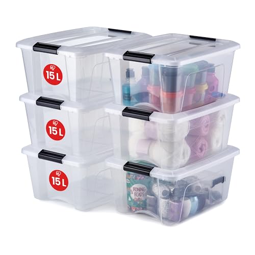 Iris Ohyama Aufbewahrungsboxen mit Deckel, 15L, 6er-Set, Transparent, Sicherer Verschluss, Stapelbar, Griffe, Schlafzimmer, Schrank, Büro, Organisation,...