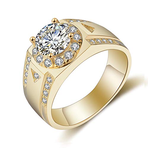 ENYUAnillos de oro para Hombre, Anillo de oro vintage de circonita c¨²bica redonda de 7 mm para Hombre, Accesorio de joyer¨ªa de compromiso de boda de acero inoxidable para Hombre